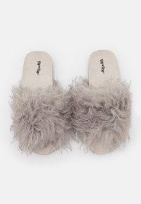 Gray fuzzy slide sandals with a soft, textured upper and a smooth beige footbed, featuring the brand name printed on the insole.