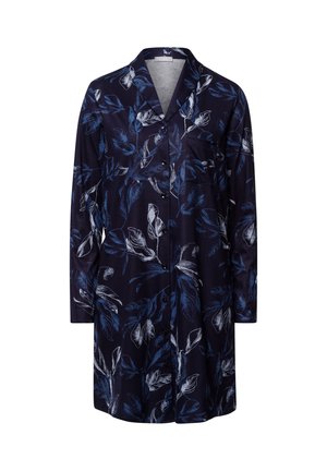 Navy button-up shirt featuring a leaf print in blue and white, long sleeves, and a pocket on the left side. Soft fabric with smooth texture.