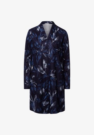 Navy button-up shirt featuring a leaf print in blue and white, long sleeves, and a pocket on the left side. Soft fabric with smooth texture.