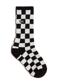 Calzini a riga nera e bianca con motivo a scacchi, caratterizzati da una texture in maglia a coste e un logo Vans sul lato. Il design alterna tra quadrati.