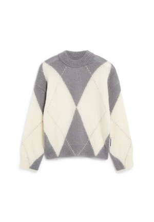 Grauer und cremefarbener Pullover im Argyle-Muster mit Rundhalsausschnitt, weichem Textil und gerippten Bündchen. Besitzt ein kleines Markenetikett an der Seite.