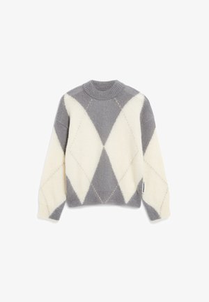 Grauer und cremefarbener Pullover im Argyle-Muster mit Rundhalsausschnitt, weichem Textil und gerippten Bündchen. Besitzt ein kleines Markenetikett an der Seite.