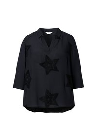 Schwarze Bluse mit V-Ausschnitt, Dreiviertelärmeln und strukturierten schwarzen Sternapplikationen. Leichter Stoff, leicht länger geschnitten am Rücken.