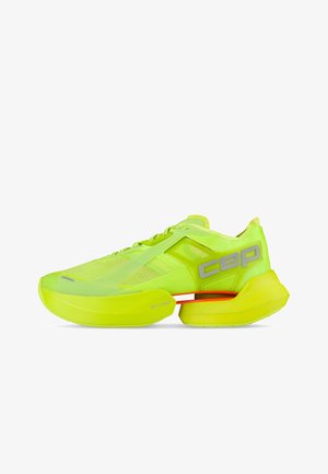 Bright yellow-green running shoe with thick sole and reflective "cep" branding on side, featuring breathable mesh upper and unique midsole design.