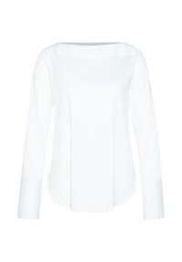 Blusa bianca a maniche lunghe con scollatura a barca, texture liscia e taglio dritto. Presenta cuciture minimali e polsini con bottone.
