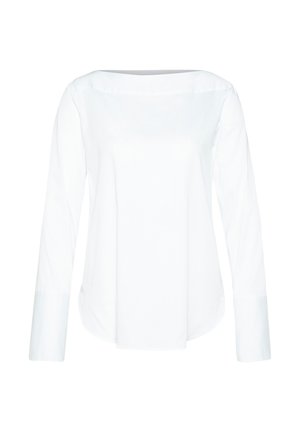 Weiße Bluse mit langen Ärmeln und weitem Ausschnitt, glatte Textur und gerader Schnitt. Merkmale sind minimale Nähte und Knopfmanschetten.