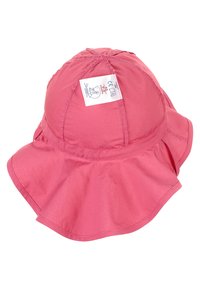 Rosa Baumwollsonnenhut mit breiter Krempe, genähten Nähten und einem kleinen Etikett an der Seite. Weiche Textur, runde Krone und ausgestellte Kanten.