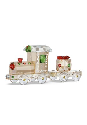 Klarer Kristallspielzeug-Zug mit roten und grünen Edelstein-Akzenten, bestehend aus einer Lokomotive und einem einzelnen Wagen, der eine eingewickelte Geschenkbox trägt.