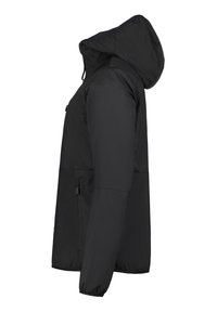 Schwarze Jacke mit Kapuze, aus einem matten, leichten Material hergestellt. Verfügt über eine seitliche Reißverschlusstasche und elastische Bündchen für eine enganliegende Passform.