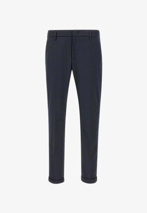 Pantaloni blu scuro realizzati in un tessuto dalla superficie liscia, con un taglio dritto, tasche anteriori e orli arrotolati.