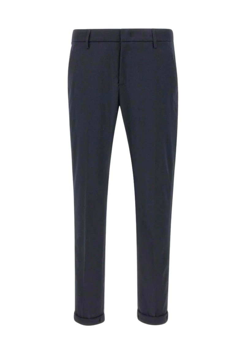 Pantaloni blu scuro realizzati in un tessuto dalla superficie liscia, con un taglio dritto, tasche anteriori e orli arrotolati. 