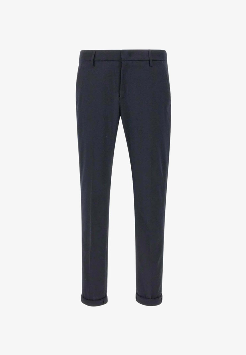 Pantaloni blu scuro realizzati in un tessuto dalla superficie liscia, con un taglio dritto, tasche anteriori e orli arrotolati.