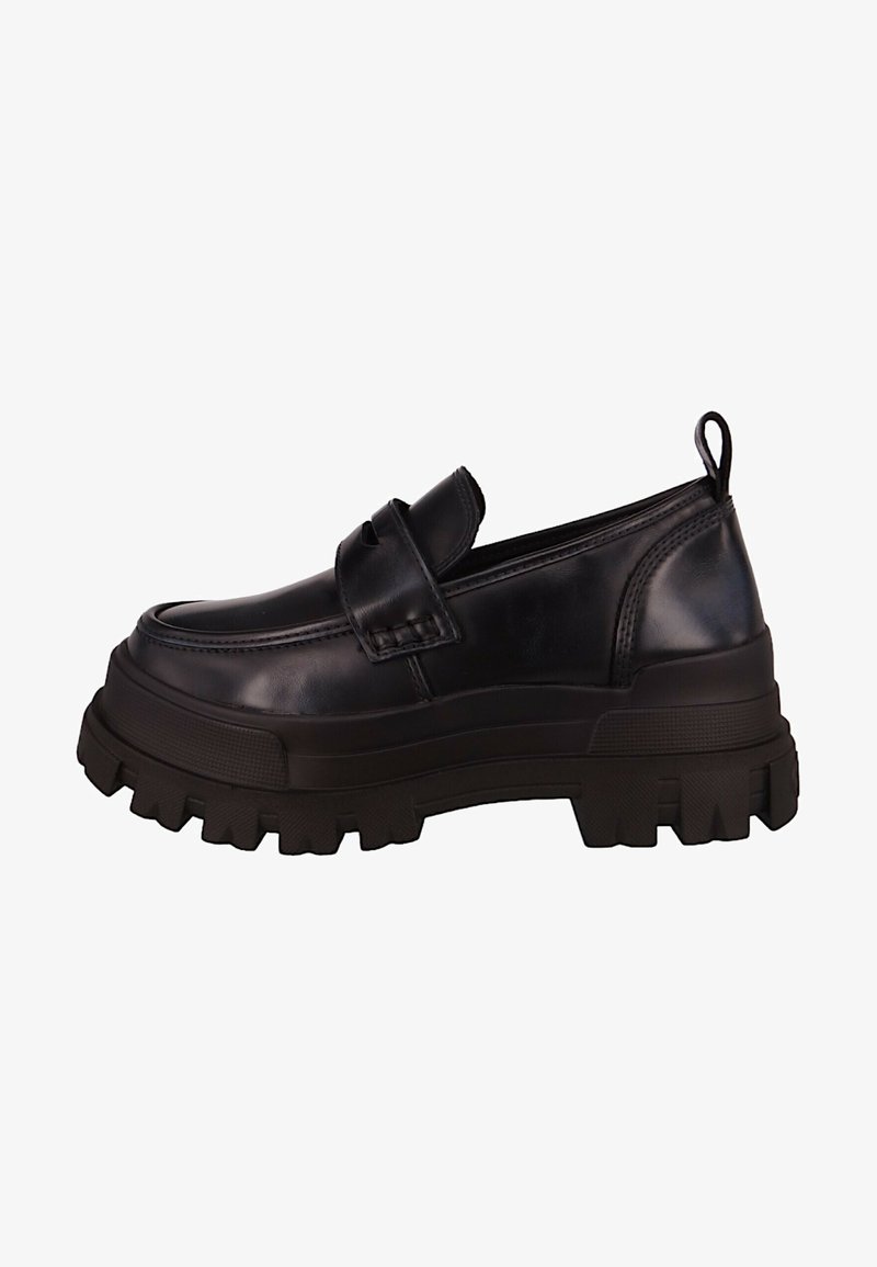 Zwarte leren instapschoenen met een robuuste rubberen zool, ronde neus en een decoratieve band over de bovenkant. Getextureerde details aan de zijkanten.
