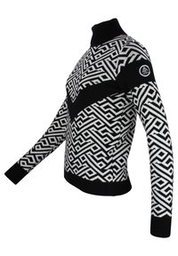 Gebreide coltrui in zwart, wit en blauw geometrisch patroon. Heeft een geribde kraag en manchetten, met een logo patch op de mouw.