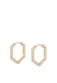 Boucles d'oreilles créoles hexagonales dorées avec des cristaux clairs le long d'un bord, présentant une finition polie et le nom de la marque gravé.