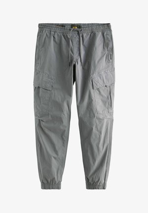 Gray cargo pants made of lightweight fabric, featuring an elastic waistband, adjustable drawstring, and multiple utility pockets.