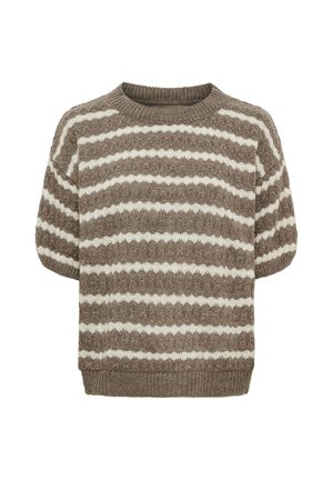 Chunky strik kortærmet sweater med taupe og hvide horisontale striber og ribstrikket rund halsudskæring og kant.