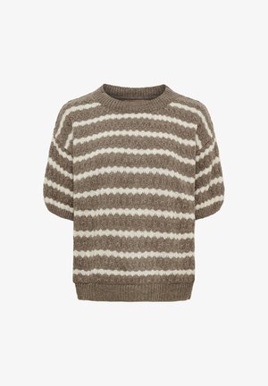 Chunky strik kortærmet sweater med taupe og hvide horisontale striber og ribstrikket rund halsudskæring og kant.