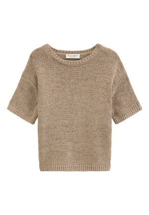 Μπεζ πλεκτό πουλόβερ με κοντά μανίκια, στρογγυλή λαιμόκοψη και ριμπ άκρες, με ετικέτα Marc O'Polo.