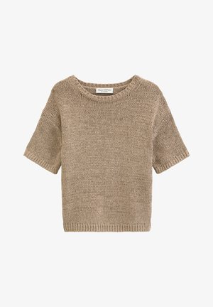 Μπεζ πλεκτό πουλόβερ με κοντά μανίκια, στρογγυλή λαιμόκοψη και ριμπ άκρες, με ετικέτα Marc O'Polo.