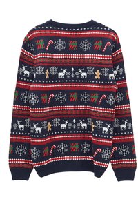 Navy blue sweater with festive patterns: reindeer, snowflakes, candy canes, and gingerbread men in white, red, green, and tan. Round neckline.