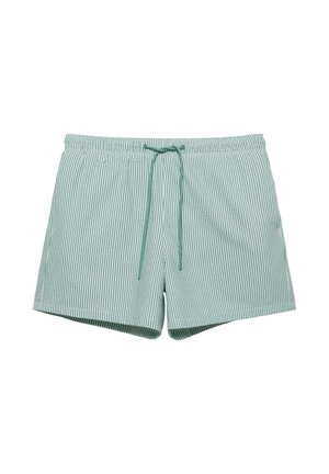 Light green and white striped men's swim shorts with elastic waistband and drawstring front.