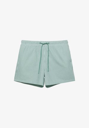 Világoszöld és fehér csíkos férfi fürdőnadrág elasztikus derékpánttal és elöl húzózsinórral.