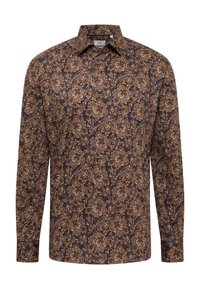 Camicia a maniche lunghe in tessuto marrone scuro con un intricato motivo floreale nei toni dell'oro, blu e rosso. Colletto classico e chiusura con bottoni.
