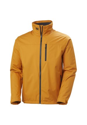 Giacca gialla resistente alle intemperie con colletto alto, zip frontale e tasca sul petto. Presenta polsini elasticizzati e un design elegante e moderno.