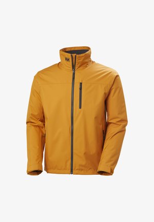 Giacca gialla resistente alle intemperie con colletto alto, zip frontale e tasca sul petto. Presenta polsini elasticizzati e un design elegante e moderno.