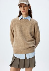 Beige Strickpullover mit Rundhalsausschnitt, über einem hellblauen Hemd mit Kragen getragen; kombiniert mit einem plissierten Rock in Braun und Schwarz mit Karomuster.