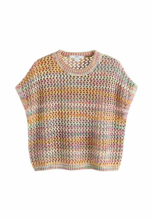 Pulover scurt cu mâneci scurte, tricotat deschis, multicolor, cu guler rotund și tiv rib, prezentând nuanțe pastelate de roz, galben, albastru și portocaliu.