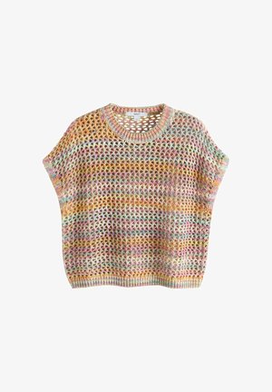 Mitmevärviline avatud kudumiga lühikeste varrukatega kampsun, millel on soonikkrae ja äär, pastellroosa, kollase, sinise ja oranži toonides.