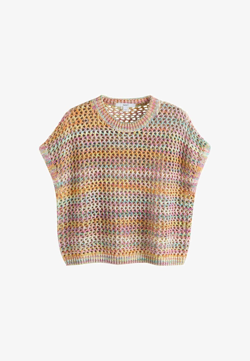 Vícebarevný otevřený pletený svetr s krátkými rukávy, žebrovaným kulatým výstřihem a lemem, zdobený pastelovými odstíny růžové, žluté, modré a oranžové.