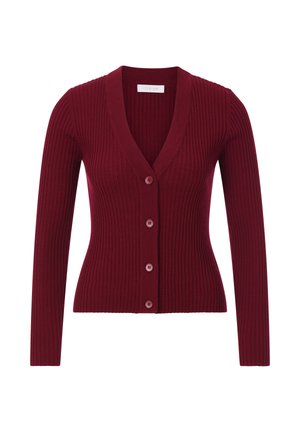 Cardigan bordeaux a maniche lunghe e coste, con scollatura a V profonda e cinque bottoni sul davanti, che mette in risalto una silhouette aderente.