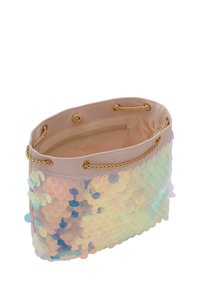 Gennemsigtig taske med iriserende pailletter i pink og grønne nuancer. Har en beige indvendig del med en lynlåslomme og guldkædehåndtag.