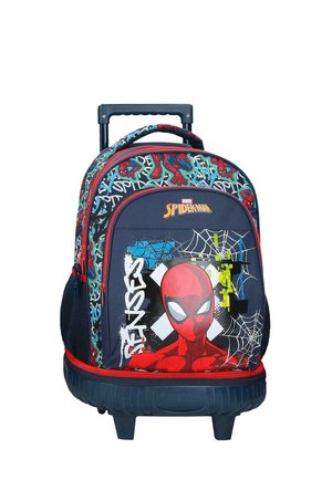 Mochila infantil con ruedas con gráfico de Spider-Man, diseños de telarañas y texto estilo grafiti sobre un fondo azul marino con ribete rojo.