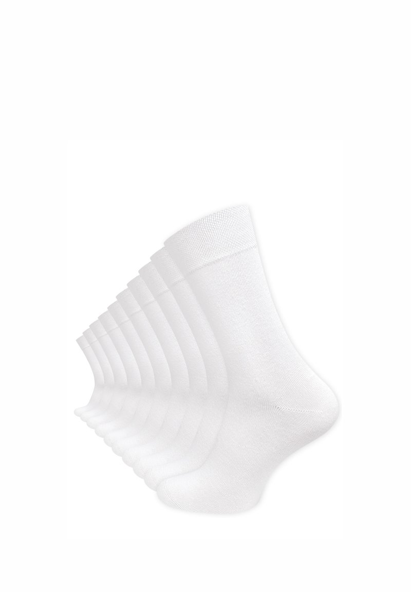 Calze in cotone bianco con crew, esposte in un motivo ripetuto. Tessuto morbido, banda elastica alla caviglia e un design semplice senza motivi o accenti.