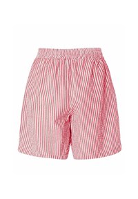 Červeno-bílé pruhované šortky se širokým elastickým pasem a plisovaným designem, vyrobené z lehkého materiálu pro pohodlí.