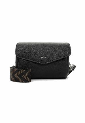 Borsa a tracolla in pelle nera strutturata con chiusura a patta magnetica, dotata di una tracolla con motivo e dettagli in metallo silver.