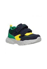 Baskets bleues et jaunes avec des accents verts. Fabriquées en tissu texturé avec une semelle en caoutchouc. Équipées de deux straps Velcro et d'un talon renforcé.
