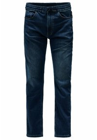 Jeans de mezclilla azul oscuro con cintura elástica, cierre de cordón y cinco bolsillos; presenta un diseño de pierna recta y una textura suave.