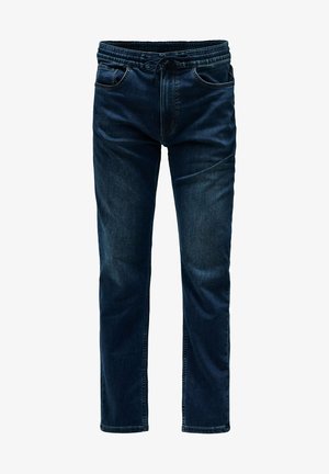 Granatowe dżinsy z elastycznym paskiem w talii, z zapięciem na sznurek i pięcioma kieszeniami; mają prosty krój nogawki i gładką teksturę.