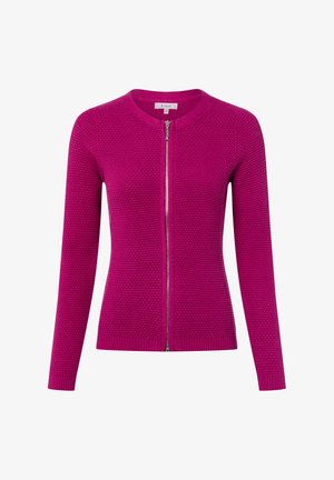 Cardigan magenta à fermeture éclair avant avec motif en maille texturée, manches longues et poignets côtelés. Dispose d'un col rond simple et d'un ourlet droit.