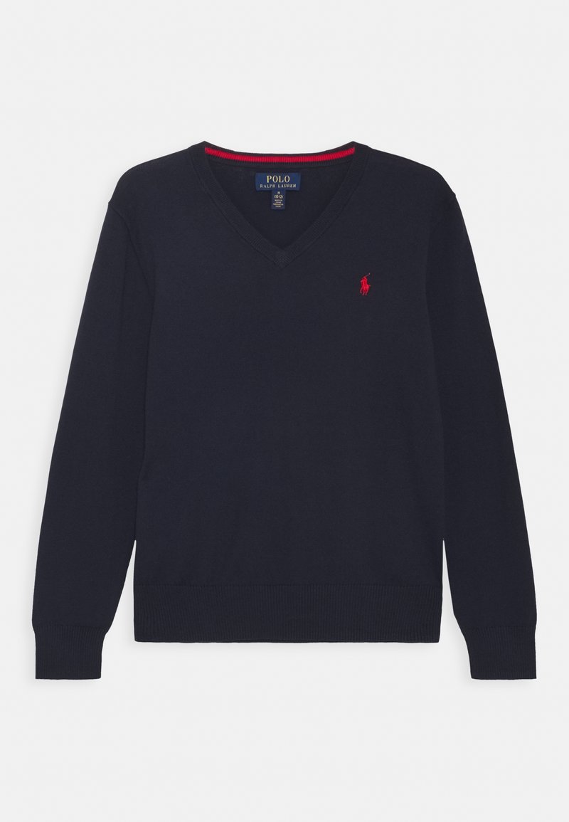 Marineblå v-hals sweater lavet af blødt strikket materiale med ribstrikkede ærmeender og kant, med en lille rød logo på venstre bryst.