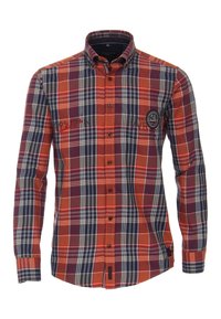 Camicia a scacchi nei toni arancione, blu navy e grigio. Presenta un collo button-down, maniche lunghe e un logo ricamato sul petto. Tessuto di cotone.