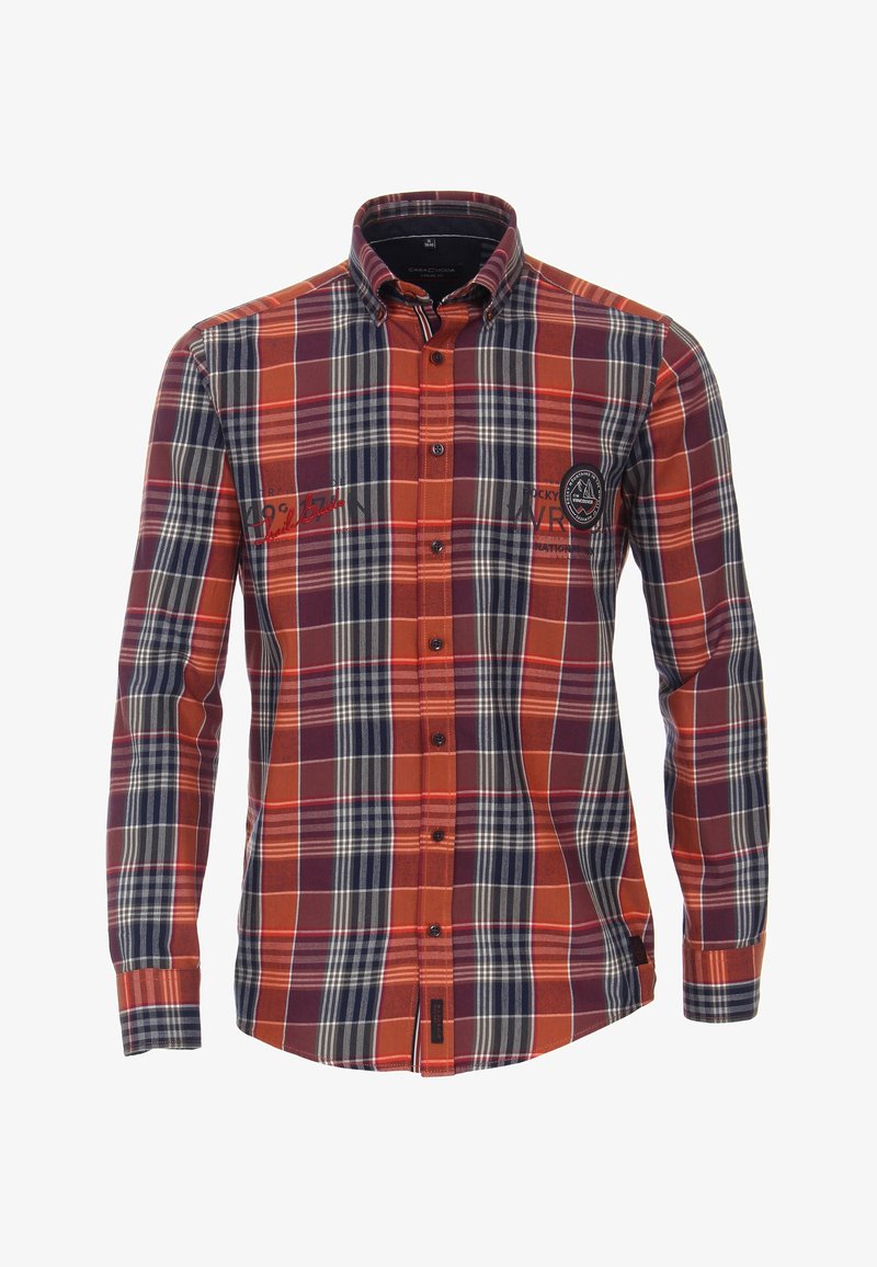 Camicia a scacchi nei toni arancione, blu navy e grigio. Presenta un collo button-down, maniche lunghe e un logo ricamato sul petto. Tessuto di cotone.