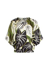 Kurzärmlige Bluse mit V-Ausschnitt, versehen mit einem tropischen Blättermuster in Grün, Schwarz und Weiß auf einem leichten Stoff.