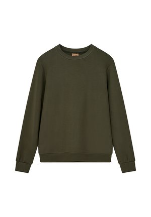 Zelena hoodie s okroglim izrezom, dolgimi rokavi in rebrastimi manšetami. Narejena iz mehkega materiala, ima ravno, sproščeno prileganje.