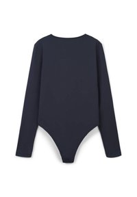 Body in tessuto liscio di colore blu navy a maniche lunghe, con scollatura rotonda e fondo a string. Nessun elemento di chiusura o decorazione visibile.